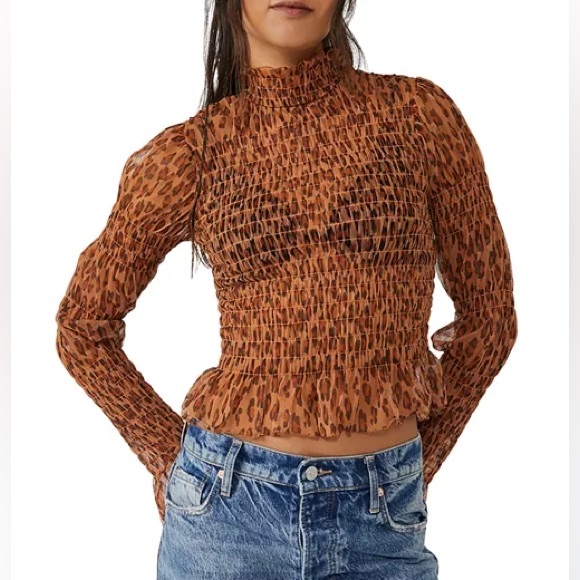 Free People Tops - Free People Hello There Smocked Tank Top Leopard Cheetah Sheer Bodice Ruffle S